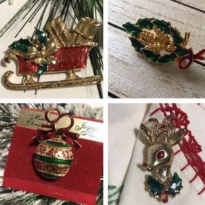 Vintage Christmas Enamel & Metal Brooch Bundle